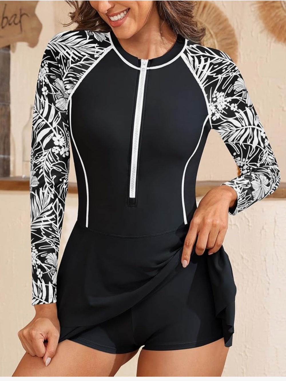 Black Floral Long-Sleeve Swimdress with Front Zipper